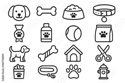 Vector illustration of dog and pet-related line icons featuring various dog accessories, toys, grooming items, food bowls, collars, and activities in a clean cartoon style on transparent background