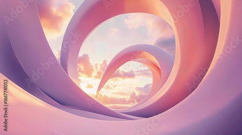 Abstract Pastel Swirls Against a Sunset Sky, Dreamy Background with Soft Light, Modern Art Design and Gentle Colors