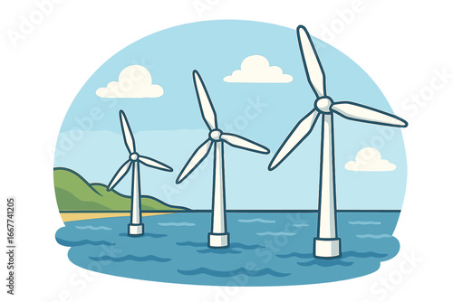 Wind turbines generating renewable energy on water at coastal location during daylight hours, sustainable power, clean energy concept, vector cartoon illustration set