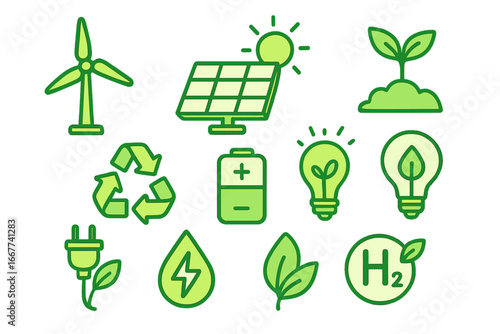 Green energy icon set. Vector collection of renewable sources like solar panel and wind turbine. Sustainable technology symbols for ecology, recycling, battery, and clean power.