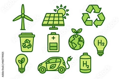 Green energy icon set with renewable sources. Vector ecology concept. Solar panel, wind turbine, electric car, recycling symbol, battery, hydrogen H2 fuel. Eco friendly design.