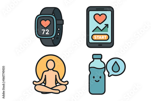Healthy lifestyle icon set. Health and wellness essentials with fitness tracker smart watch, mobile app for exercise, yoga meditation pose and hydration water reminder. Vector.