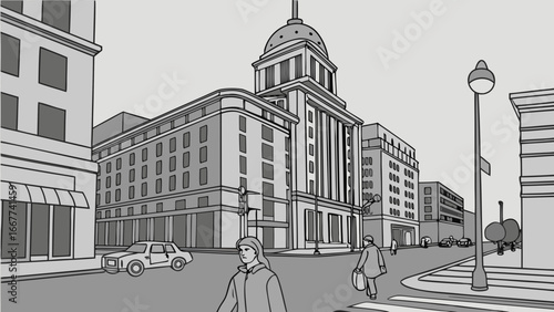 Illustration of a city street scene with buildings, people, a car, and a street light in grayscale