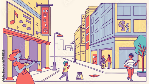 Illustration of a woman playing violin on a city street with buildings and people walking around in cartoon style