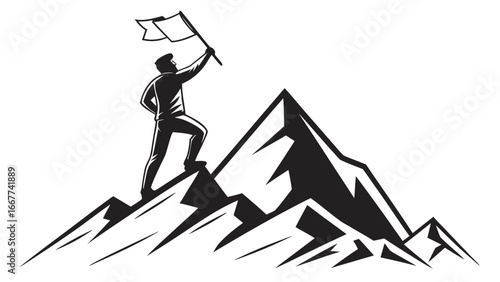 Silhouette of a man planting a flag on a mountain peak symbolizing achievement and overcoming challenges