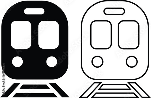 Train icon set flat, outline styles. Subway metro locomotive railway vectors, underground transit elements. Public transportation silhouette, passenger commute illustration on transparent background.