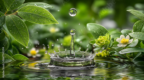 Tropical Rainy Stream Landscape Water droplet creating ripples in nature. Peaceful Forest Water Flow Wet Season Nature Serenity