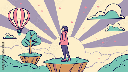 A person standing on a floating island looking at a hot air balloon in a dreamy landscape setting