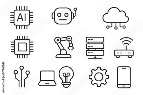 Technology outline icon set with AI chip, robot, cloud computing, robotic arm, server, wifi router, circuit board, laptop, light bulb, gear, smartphone, vector cartoon illustration