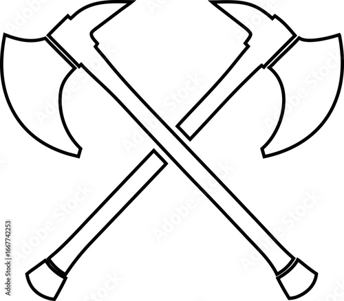 Minimalist crossed axes outline vector, great for camping gear icons, lumberjack symbols, hiking badges, and outdoor adventure logos.