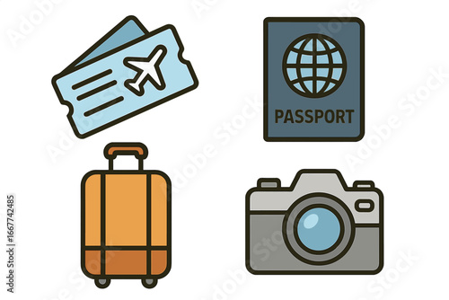 Travel icon set with passport, airline ticket, luggage, camera. Vacation journey essentials for flight, tourism. Holiday baggage symbol collection. Flat cartoon vector illustration.