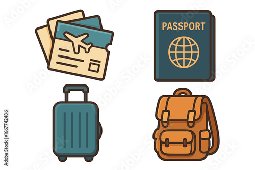 Travel icon set with passport, airline ticket, suitcase, and backpack. Vector cartoon illustration of vacation and tourism essentials. Luggage and baggage symbols collection.