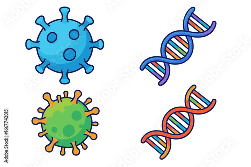Virus and DNA helix vector icon set. Cartoon illustration for biology, medicine, and science. Concepts of genetics, microbiology, coronavirus, pandemic and disease.
