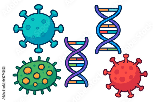 Virus and DNA molecules icon set. Vector illustrations of various germs, bacteria, microbes. Biology concept. Medical science. Genetics. Infection, disease, pandemic symbol.