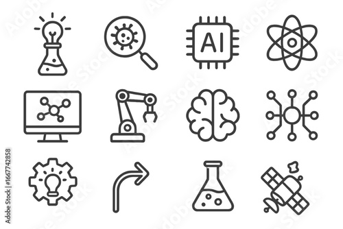 Technology and Science Line Icon Set with Innovative Lab Equipment, Research, AI, Robotics, Brain, Network, Chemistry, Satellite, and Futuristic Symbols in Vector Cartoon Style