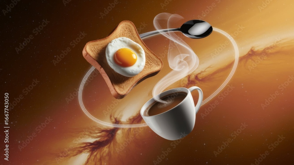 Fototapeta premium Surreal Cosmic Breakfast with Coffee, Egg, and Toast Floating in Space