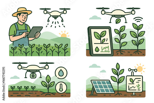 Smart farming technology vector icon set. Agritech innovation with farmer, drone, and tablet. Sustainable agriculture automation, crop monitoring, and solar power concept.