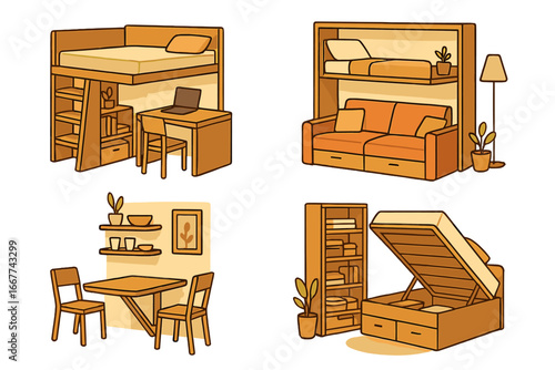 Set of multi-functional furniture for small spaces. Smart, space-saving interior design concept. Vector cartoon illustration of loft bed, murphy bed, storage bed and table.