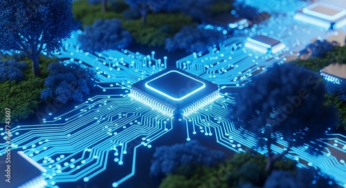 Futuristic tech landscape with glowing circuits and nature elements
