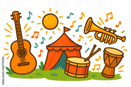 Summer music festival vector concept. Outdoor concert with guitar, drums, and trumpet. Cartoon style musical instruments, sun, and tent. Fun party celebration background design.