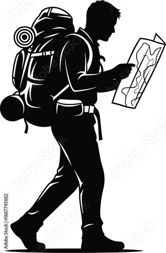 Silhouette of a man with a backpack reading a map, embodying spirit of adventure and thrill of exploration