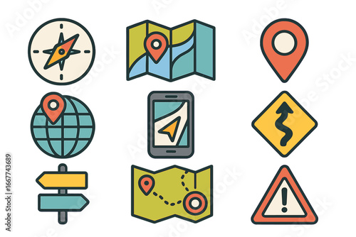 Vector icon set for navigation, travel, and maps. Includes compass, GPS pin, globe, road signs, and route direction. For mobile apps and web design. Flat cartoon illustration.