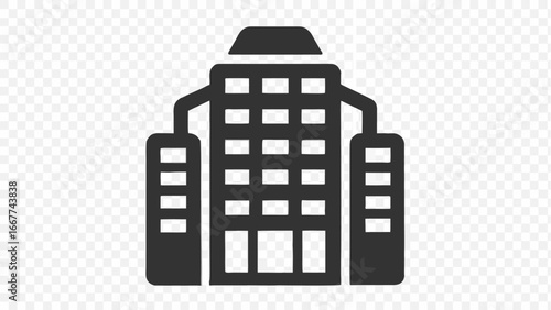 Illustration of a building with a central structure and two smaller side structures connected by arms