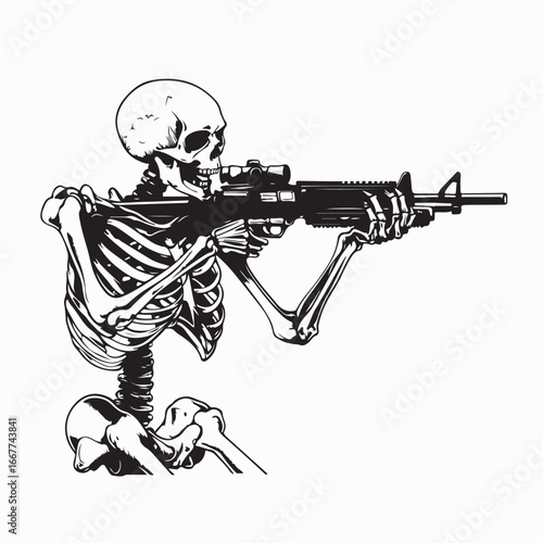 Skull Aiming Machine Gun Vector Illustration on white background
