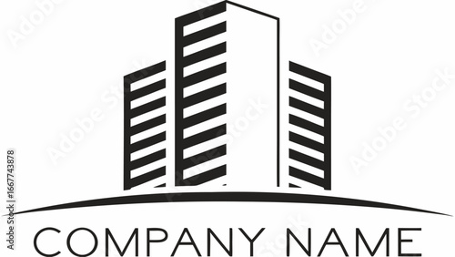 Illustration of three stylized buildings with horizontal lines and a curved base line for company name