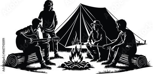 A group of friends camping around a campfire, playing guitar and singing songs, tent is set up in