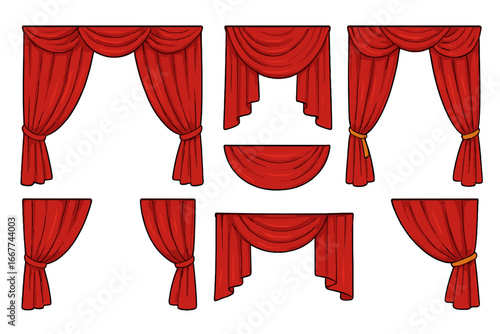 Red theater curtains vector set. Stage drapery collection for circus, cinema, opera, or show. Classic luxury silk velvet fabric drapes in various styles. Isolated cartoon.