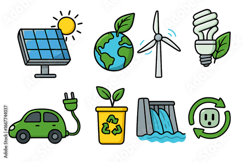 Renewable energy icon set. Green technology and sustainable power sources. Vector solar panel, wind turbine, hydro dam, electric car. Ecology & environment conservation concept.