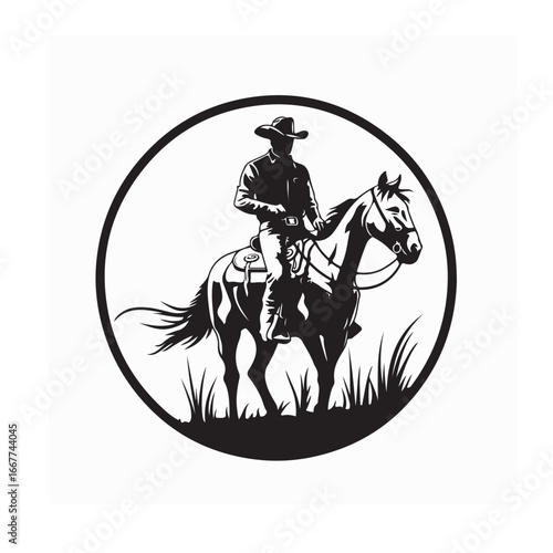 Retro Rodeo Logo with Cowboy Horse Rider Silhouette Inside Circular Design