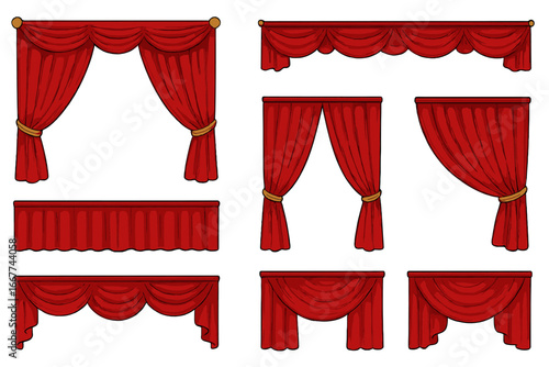 Red theater curtains vector collection for artistic performances. Stage drapery set in various styles for cinema, show, or opera. Cartoon illustration for grand opening reveal.