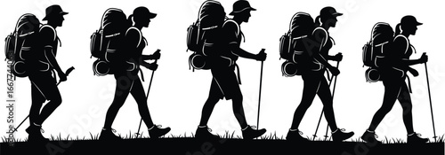 Silhouette of a group of backpackers, showcasing hikers with backpacks, hiking, travel, adventure, outdoor activities, and mountain exploration