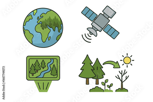 Satellite technology for mapping forest area and monitoring vegetation. Icons for remote sensing, GIS, and environmental research. Climate change and deforestation concept vector set.