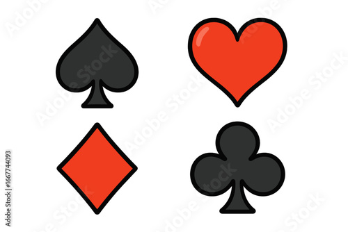 Vector Illustration of Playing Card Suits Set, Cartoon Style Spade Heart Diamond Club Symbols Isolated on White Background with Transparent Background, Ordered Set