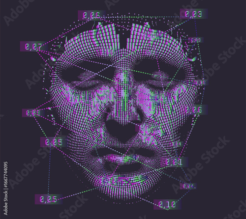 Vibrant vector illustration in a futuristic style, themed around digital facial mapping or AI analysis. Features a grid of purple and green lines forming geometric shapes, with decimal numbers. 