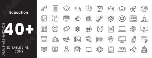 Education and Learning icon set.Containing books, graduation cap, diploma, online class, teacher, student, chalkboard, e-learning, certificate, research, pen, idea, reading, quiz, and more. Editable 