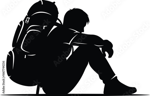 Silhouette of a tired hiker with a backpack sitting down to rest, , representing exhaustion and need for a break during an outdoor adventure