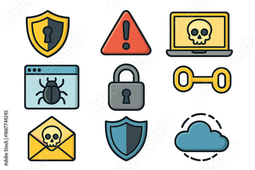 Cybersecurity icon set for data protection and internet safety. Digital threats like hacker attack, virus, malware, phishing. Web security symbols. Network protection concept.