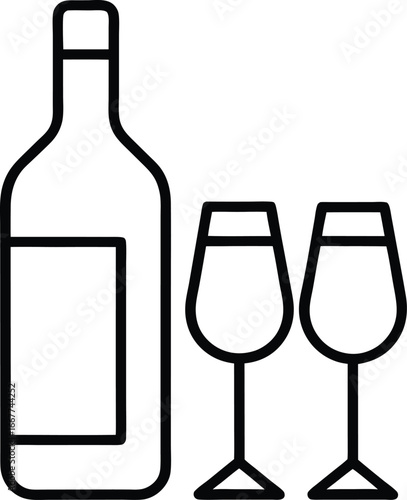Vector art of line art icon of a wine bottle and two wine glasses
