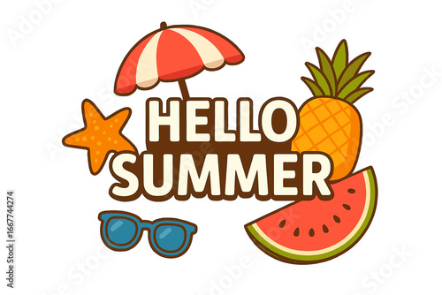 Colorful Summer Vector Banner with Hello Summer Text, Tropical Pineapple, Watermelon Slice, Starfish, Sunglasses, and Beach Umbrella Cartoon Illustration for Vacation and Beach Season