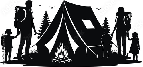 A silhouette illustration of a family camping with a tent, campfire, and nature elements, , perfect for adventure and outdoor themed designs