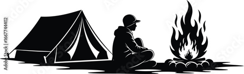 Silhouette of a man sitting near a tent and campfire, , capturing essence of camping, outdoor adventure, and relaxation in nature