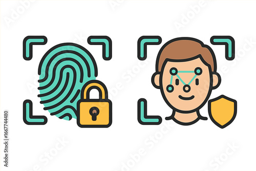 Modern technology security symbols featuring fingerprint scanning and facial recognition for biometric authentication systems, digital safety, and identity protection, vector cartoon illustration