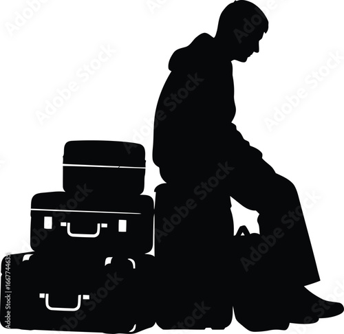 Silhouette of a man sitting suitcases, waiting for travel, feeling lonely 