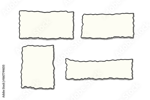 Torn paper pieces arranged creatively on plain background with minimalist style, vector cartoon illustration set, scrapbooking elements, ripped paper edges, creative design assets
