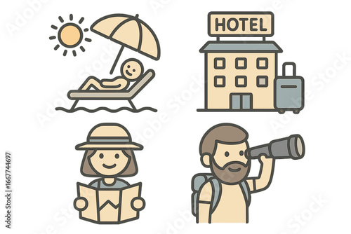 Travel icons depicting vacation activities including beach relaxation, hotel stays, sightseeing, and adventure exploration in minimalist vector cartoon style on transparent background