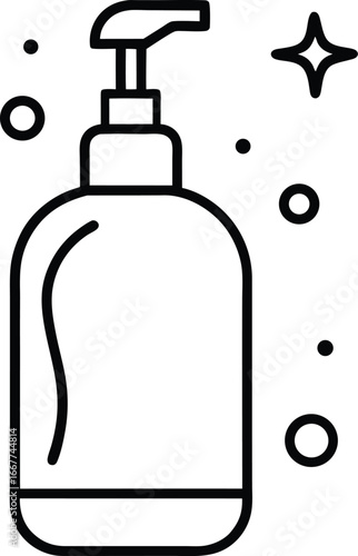 Vector art of line art icon of a soap dispenser with bubbles and a sparkle